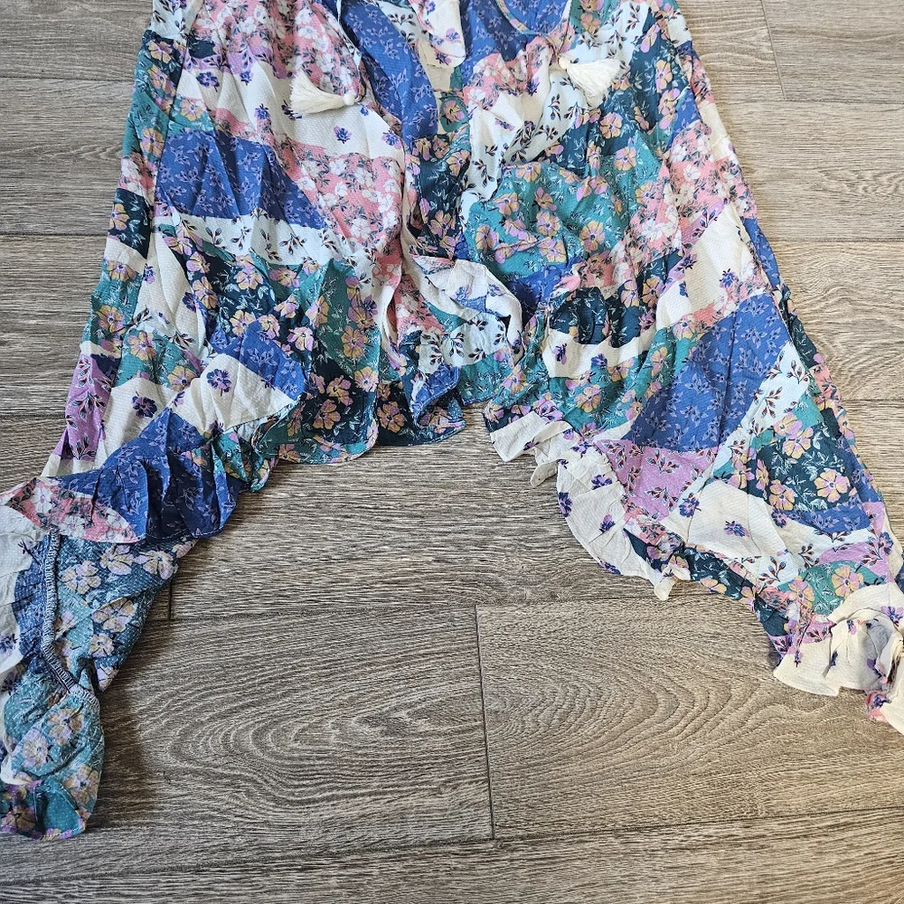 Olivaceous Multicolored Floral Patchwork Asymmetric Boho Midi Skirt